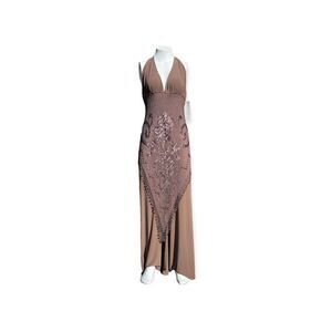 Janine Brown Bronze Beaded Halter Jumpsuit Size L